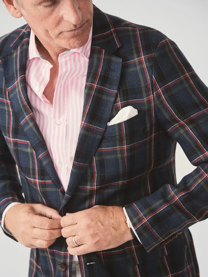 JMcLaughlin McCown Linen Sport Coat In Plaid Greennavyred Men Jackets and Outerwear JMcLaughlin McCown Linen Sport Coat In Plaid Greennavyred Men Jackets and Outerwear
