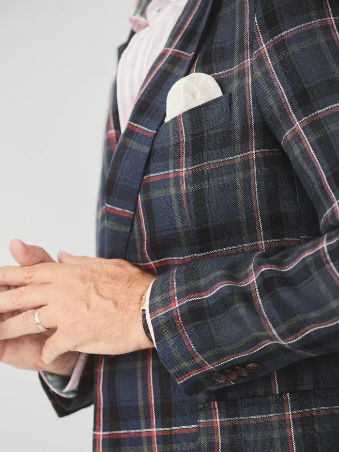 JMcLaughlin McCown Linen Sport Coat In Plaid Greennavyred Men Jackets and Outerwear JMcLaughlin McCown Linen Sport Coat In Plaid Greennavyred Men Jackets and Outerwear