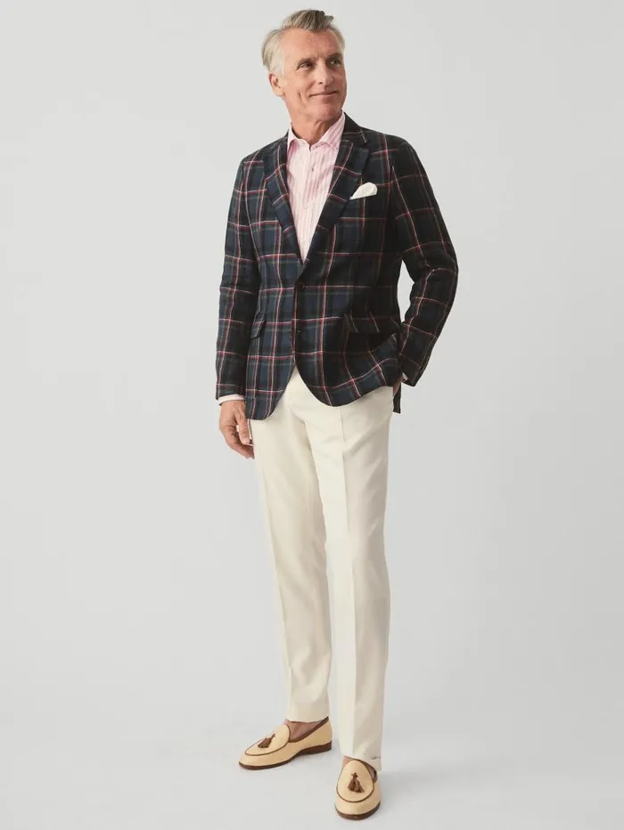 JMcLaughlin McCown Linen Sport Coat In Plaid Greennavyred Men Jackets and Outerwear JMcLaughlin McCown Linen Sport Coat In Plaid Greennavyred Men Jackets and Outerwear