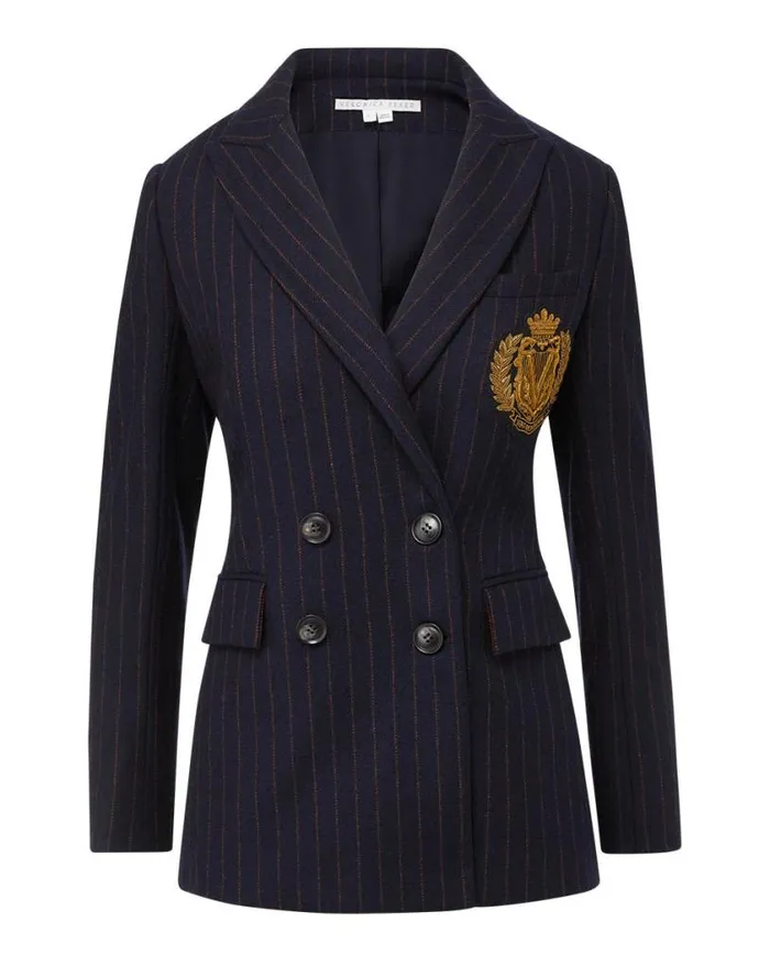 Jackets and Outerwear ShopJackets Veronica Beard Ellette Pinstriped Dickey Jacket Logo Crest Navy Multi