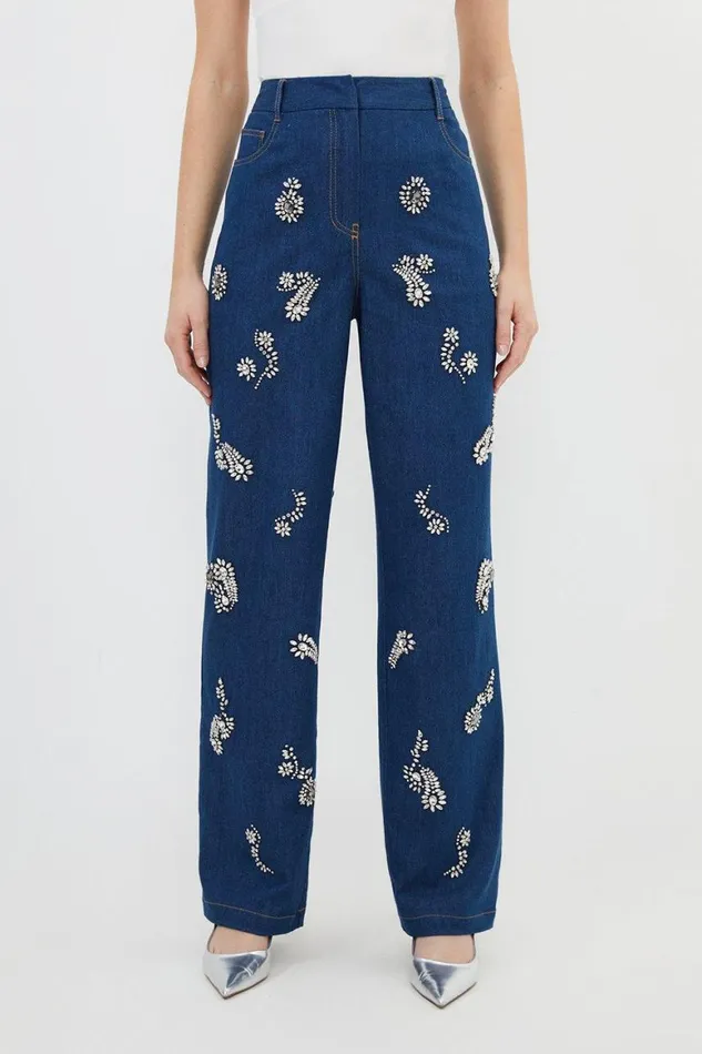 Jeans Women Karen Millen Embellished Mid Rise Straight Leg Denim Jeans Indigo
