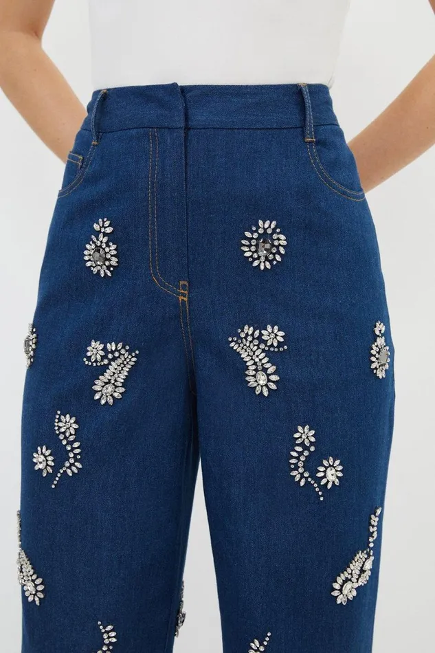 Jeans Women Karen Millen Embellished Mid Rise Straight Leg Denim Jeans Indigo