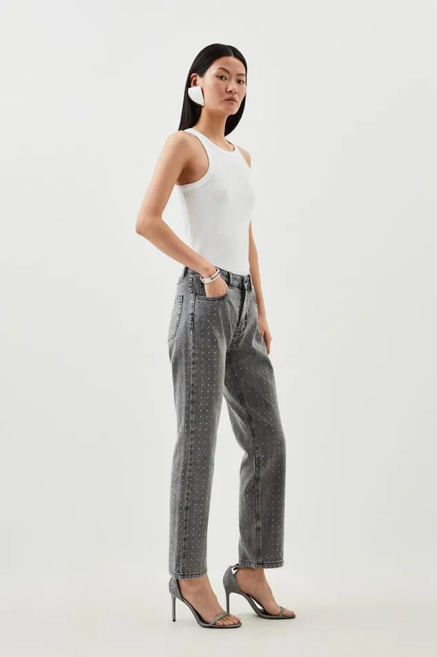 Jeans Women Karen Millen High Rise Slim Leg Embellished Jeans Grey