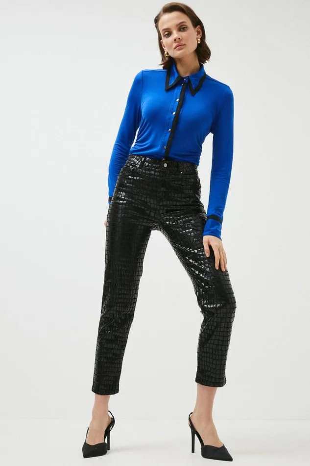 Jeans Women Karen Millen Mid Rise Straight Leg Croc Coated Jeans Black