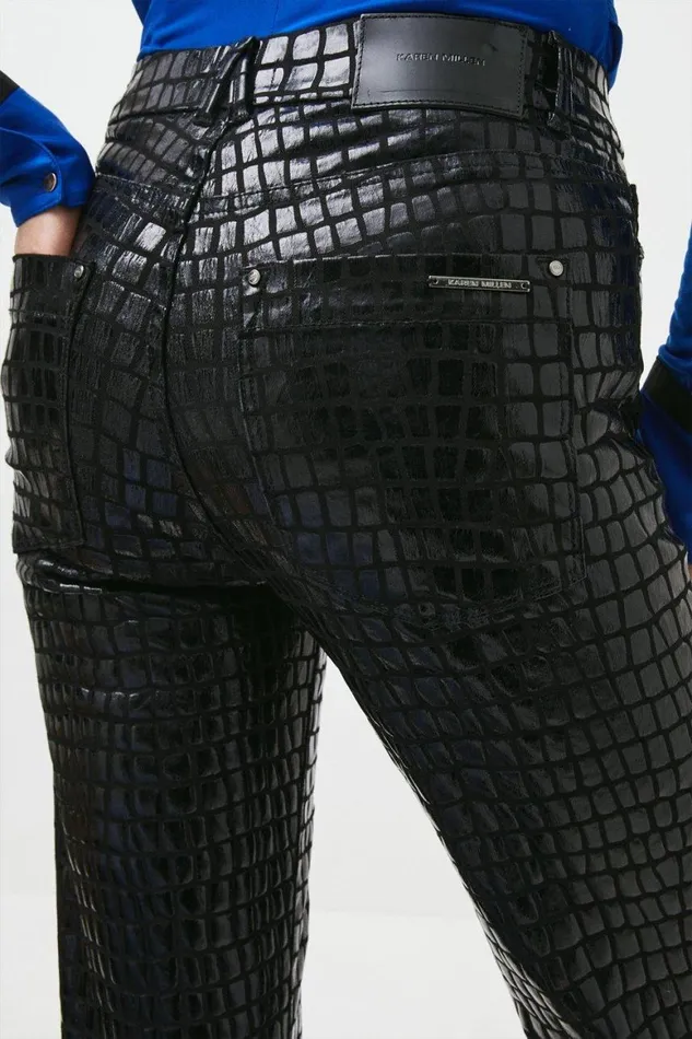 Jeans Women Karen Millen Mid Rise Straight Leg Croc Coated Jeans Black