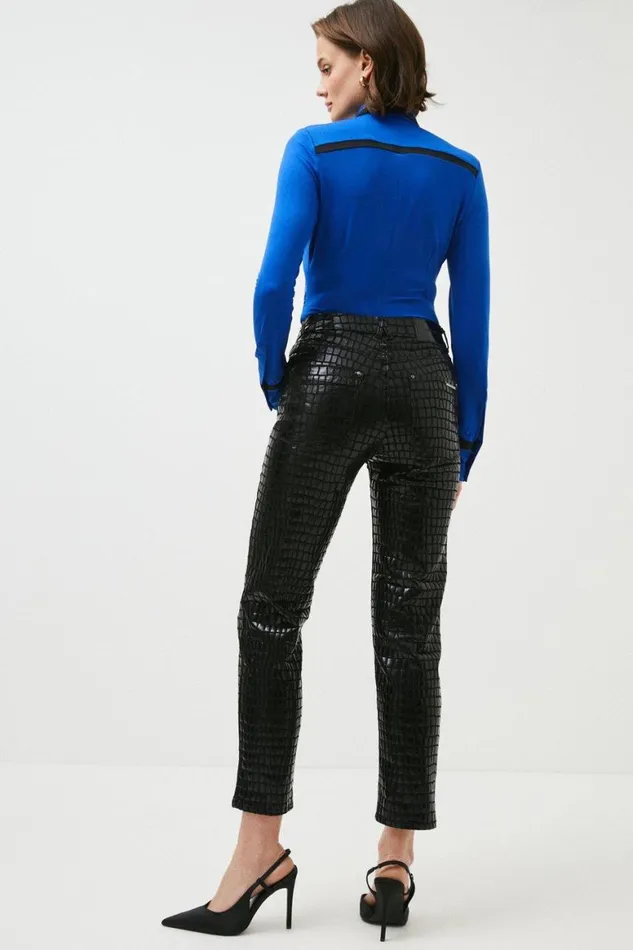 Jeans Women Karen Millen Mid Rise Straight Leg Croc Coated Jeans Black