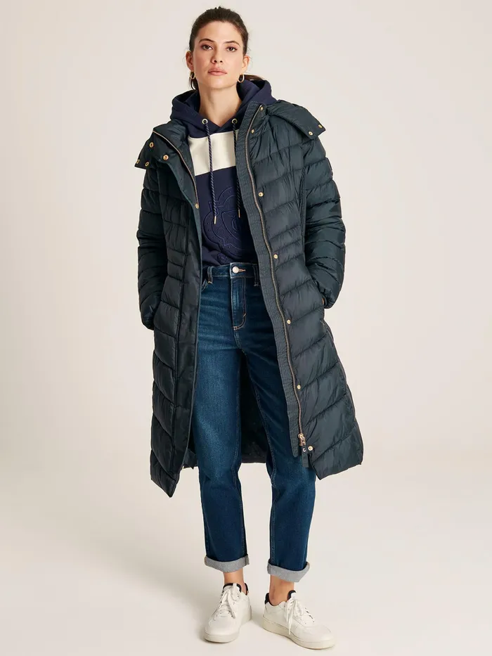 Joules Coats and Jackets Navy Blue Showerproof Long Padded Coat With Hood 8211 Women