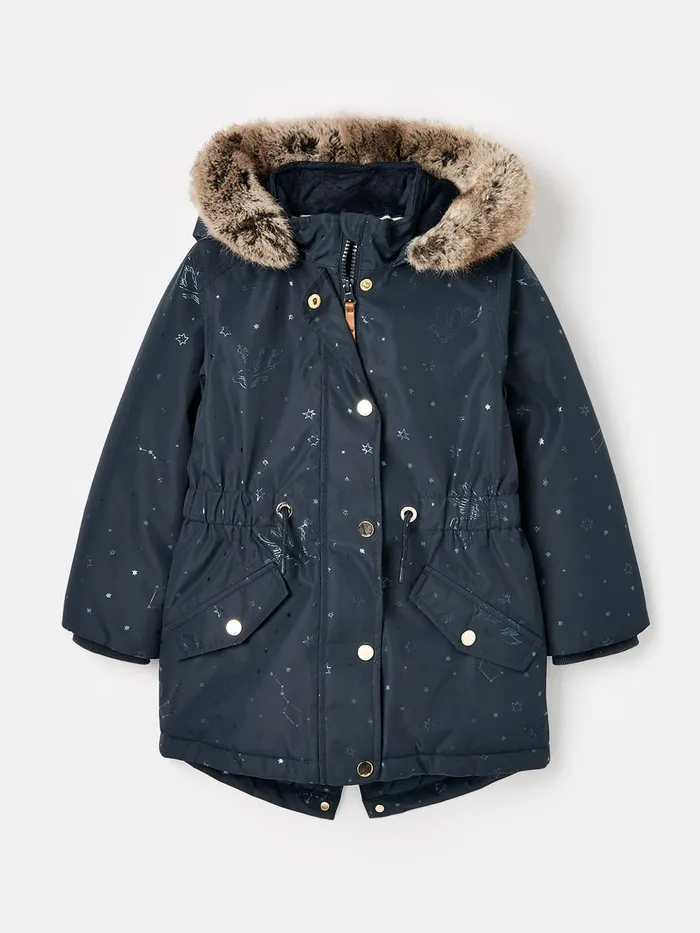 Joules Coats and Jackets Navy Printed Waterproof Parka Coat 8211 Girls