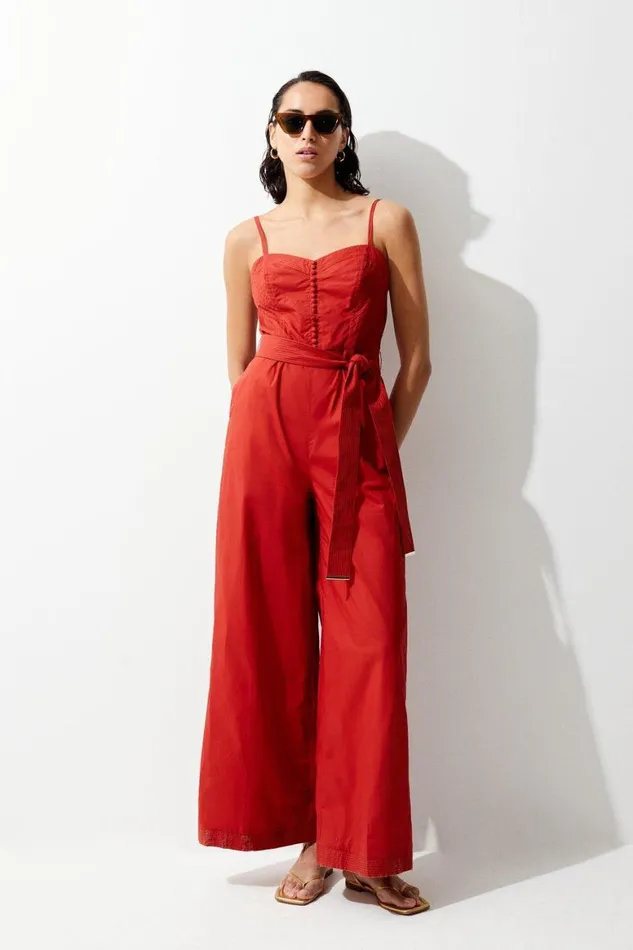 Jumpsuits Women Karen Millen Cotton Top Stitch Pleated Jumpsuit Rust