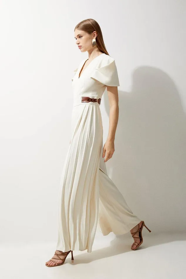 Jumpsuits Women Karen Millen Petite Soft Tailored Crepe Tab Detail Pleated Jumpsuit Ivory