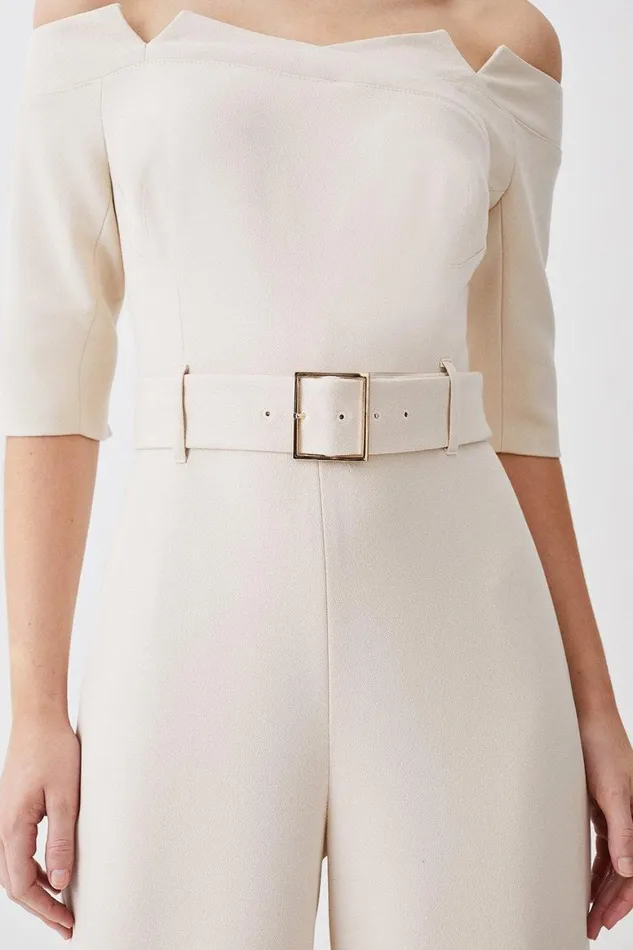 Jumpsuits Women Karen Millen Petite Structured Crepe Off Shoulder Wide Leg Jumpsuit Cream