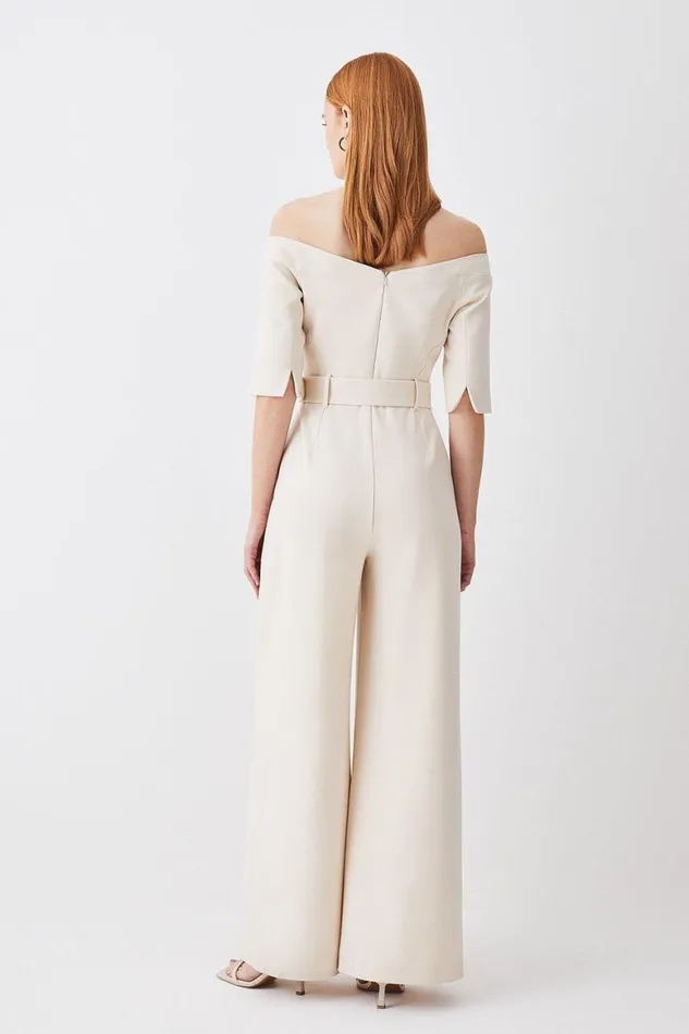 Jumpsuits Women Karen Millen Petite Structured Crepe Off Shoulder Wide Leg Jumpsuit Cream