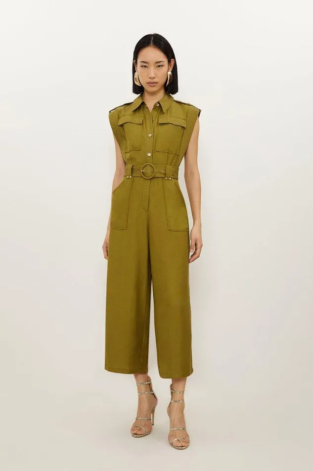 Jumpsuits Women Karen Millen Premium Linen Viscose Topstitch Detail Utility Belted Woven Jumpsuit Khaki