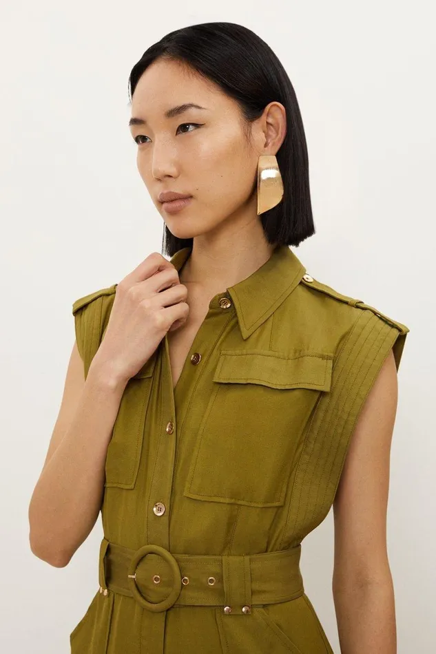 Jumpsuits Women Karen Millen Premium Linen Viscose Topstitch Detail Utility Belted Woven Jumpsuit Khaki
