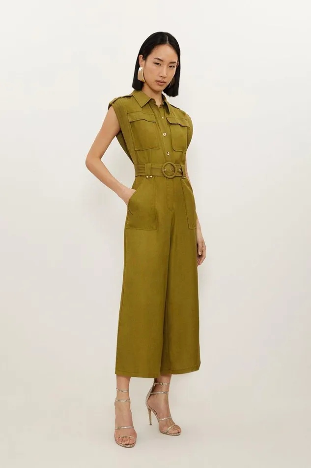 Jumpsuits Women Karen Millen Premium Linen Viscose Topstitch Detail Utility Belted Woven Jumpsuit Khaki