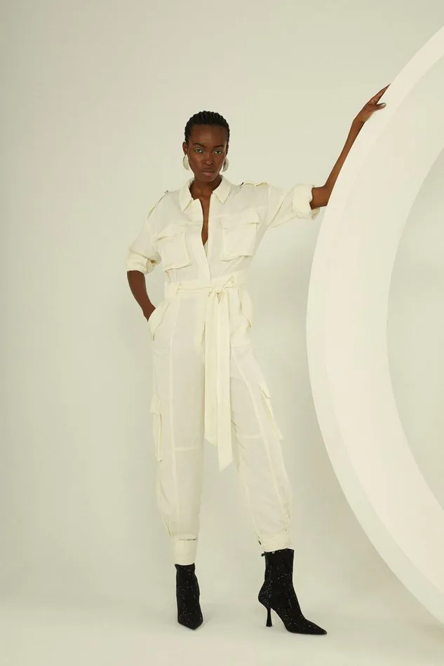 Jumpsuits Women Karen Millen Premium Utility Linen Jumpsuit Ivory