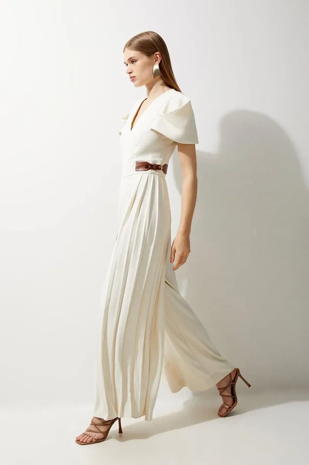 Jumpsuits Women Karen Millen Soft Tailored Crepe Tab Detail Pleated Jumpsuit Ivory