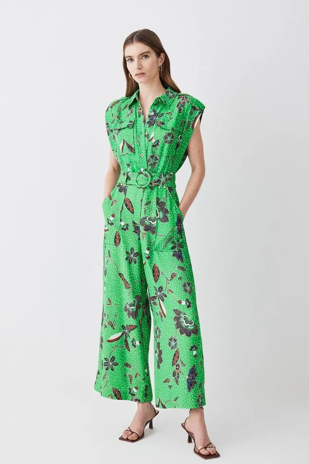 Jumpsuits Women Karen Millen Topstitch Floral Batik Premium Linen Viscose Jumpsuit Green Jumpsuits Women Karen Millen Topstitch Floral Batik Premium Linen Viscose Jumpsuit Green