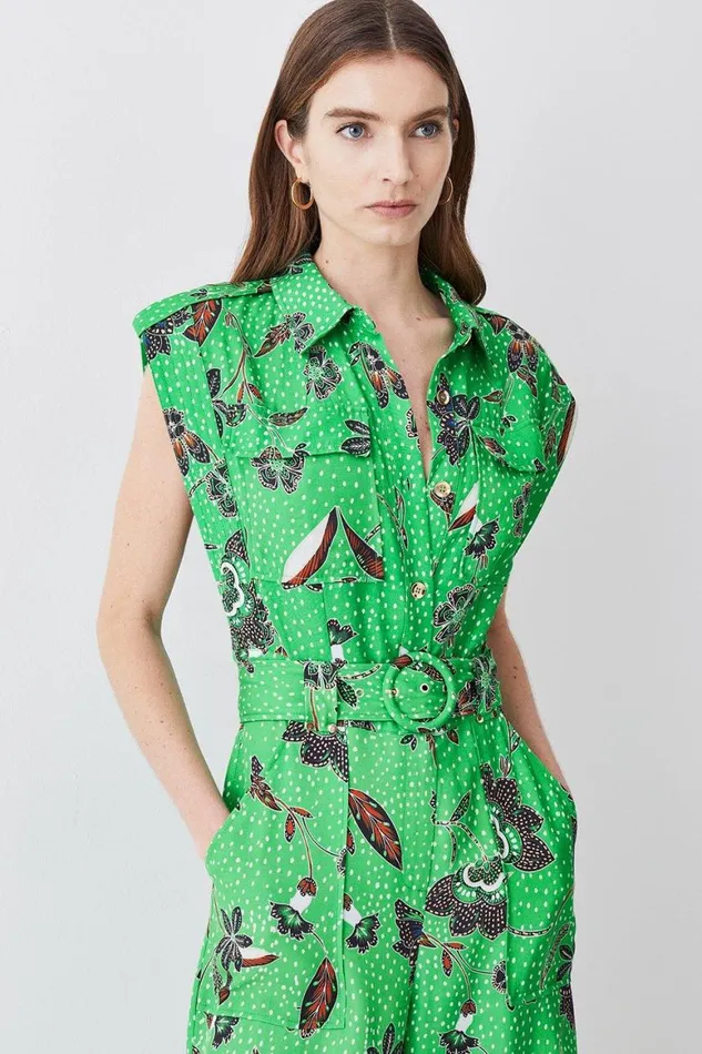 Jumpsuits Women Karen Millen Topstitch Floral Batik Premium Linen Viscose Jumpsuit Green