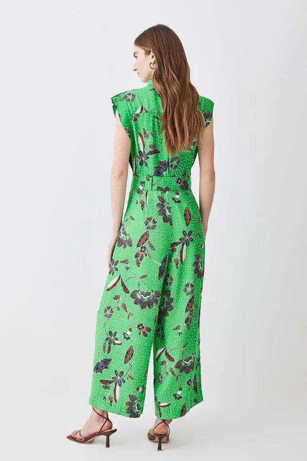 Jumpsuits Women Karen Millen Topstitch Floral Batik Premium Linen Viscose Jumpsuit Green