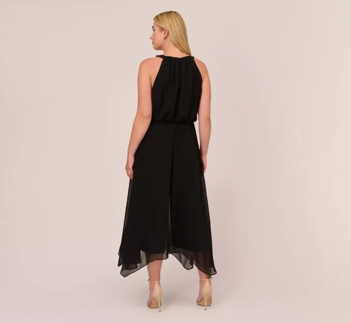 Jumpsuits Womens Adrianna Papell Plus Size Halter Jumpsuit With Chiffon Overlay Skirt In Black