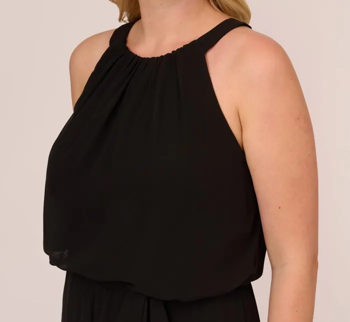 Jumpsuits Womens Adrianna Papell Plus Size Halter Jumpsuit With Chiffon Overlay Skirt In Black