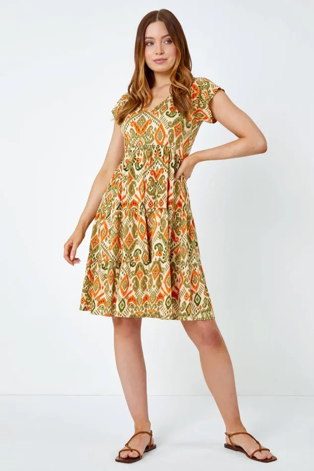Khaki Aztec Print Tiered Tea Dress Women Roman Dresses