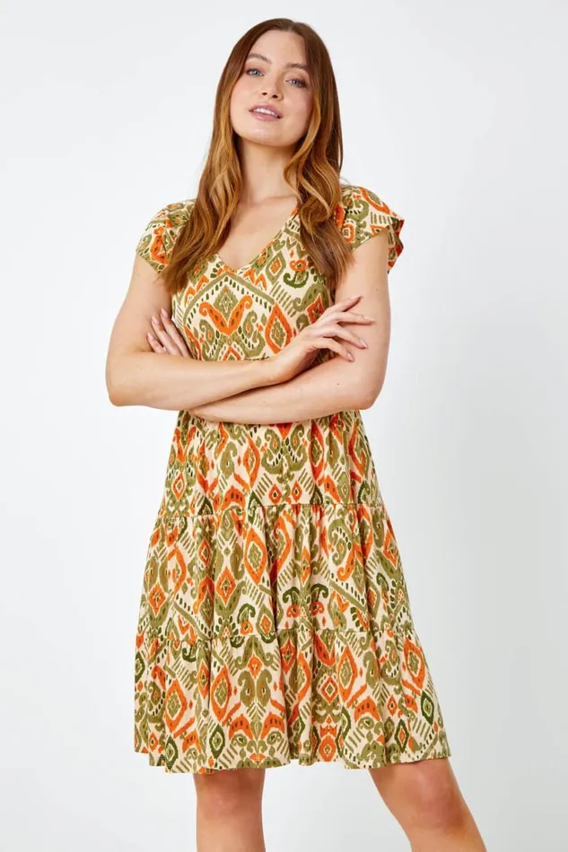 Khaki Aztec Print Tiered Tea Dress Women Roman Dresses