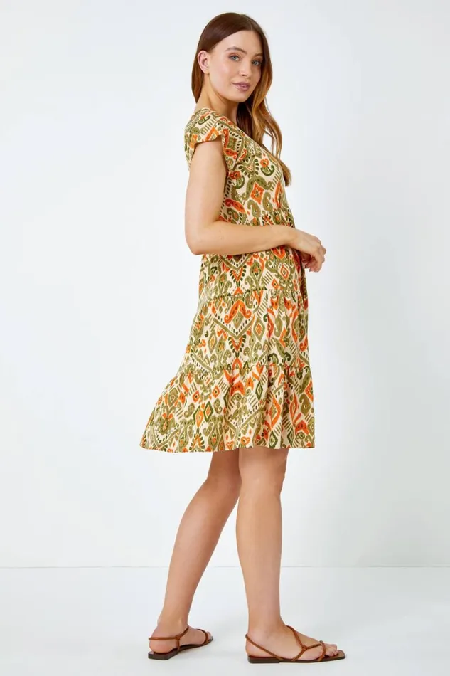 Khaki Aztec Print Tiered Tea Dress Women Roman Dresses