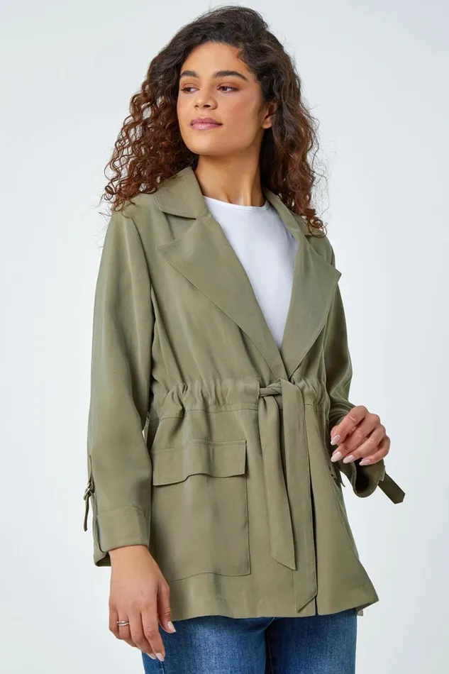 Khaki Collared Tie Waist Cargo Jacket Women Roman Jackets