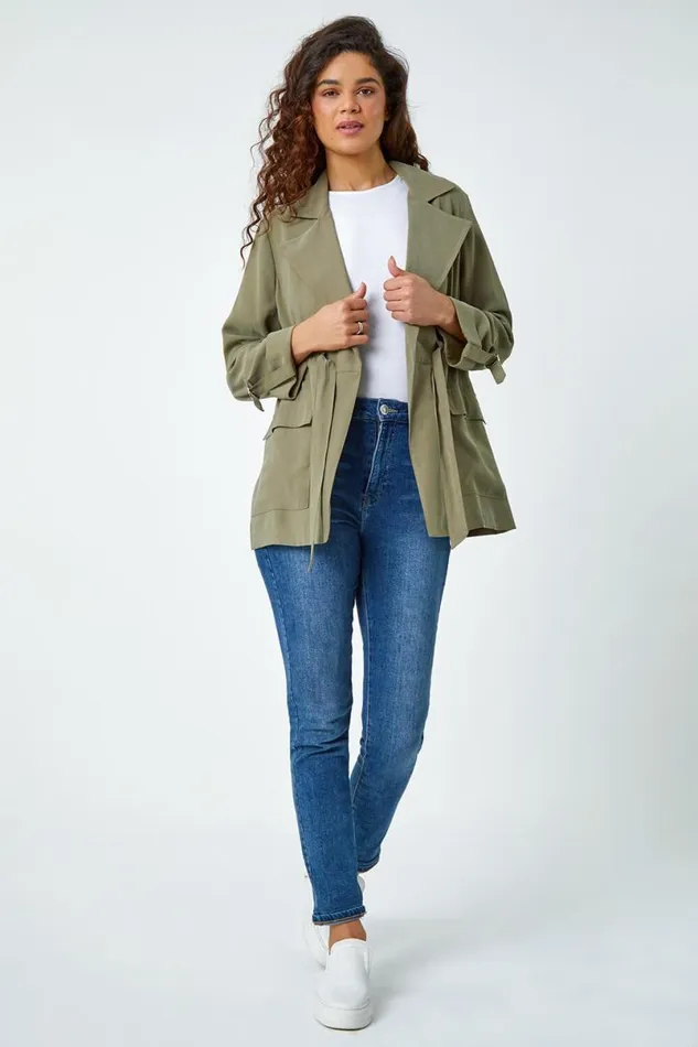 Khaki Collared Tie Waist Cargo Jacket Women Roman Jackets