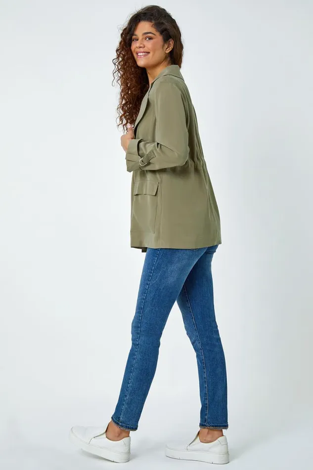 Khaki Collared Tie Waist Cargo Jacket Women Roman Jackets