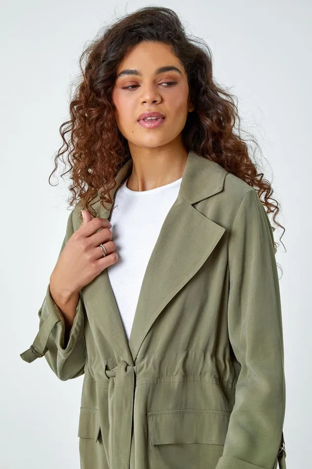 Khaki Collared Tie Waist Cargo Jacket Women Roman Jackets
