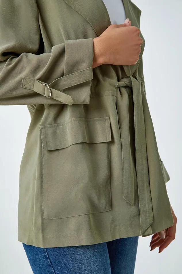 Khaki Collared Tie Waist Cargo Jacket Women Roman Jackets