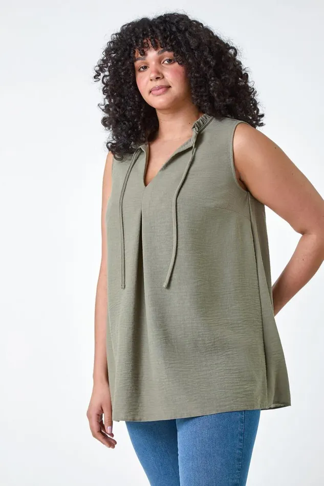 Khaki Curve Tie Neck VNeck Top Women Roman Tops