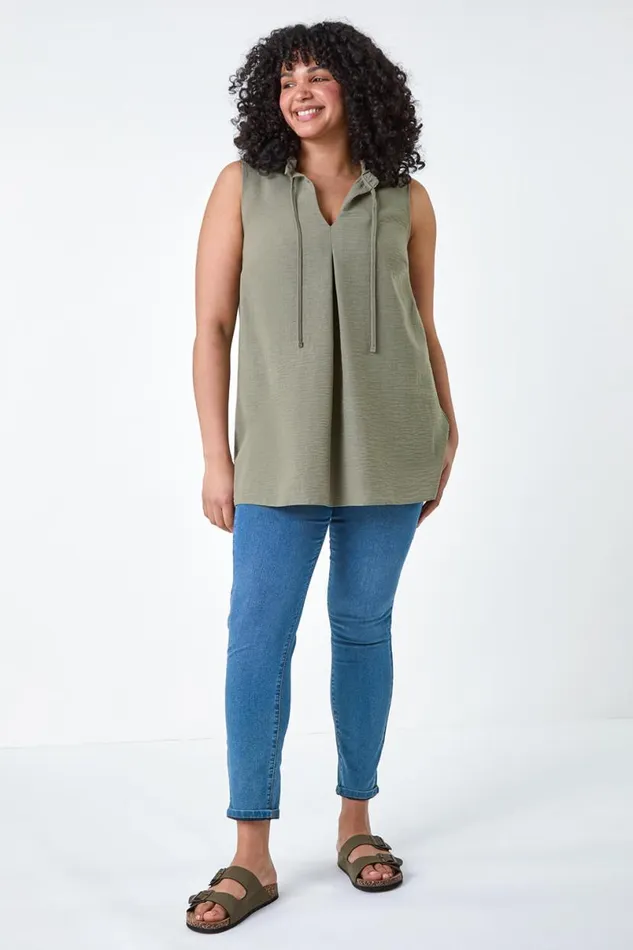 Khaki Curve Tie Neck VNeck Top Women Roman Tops