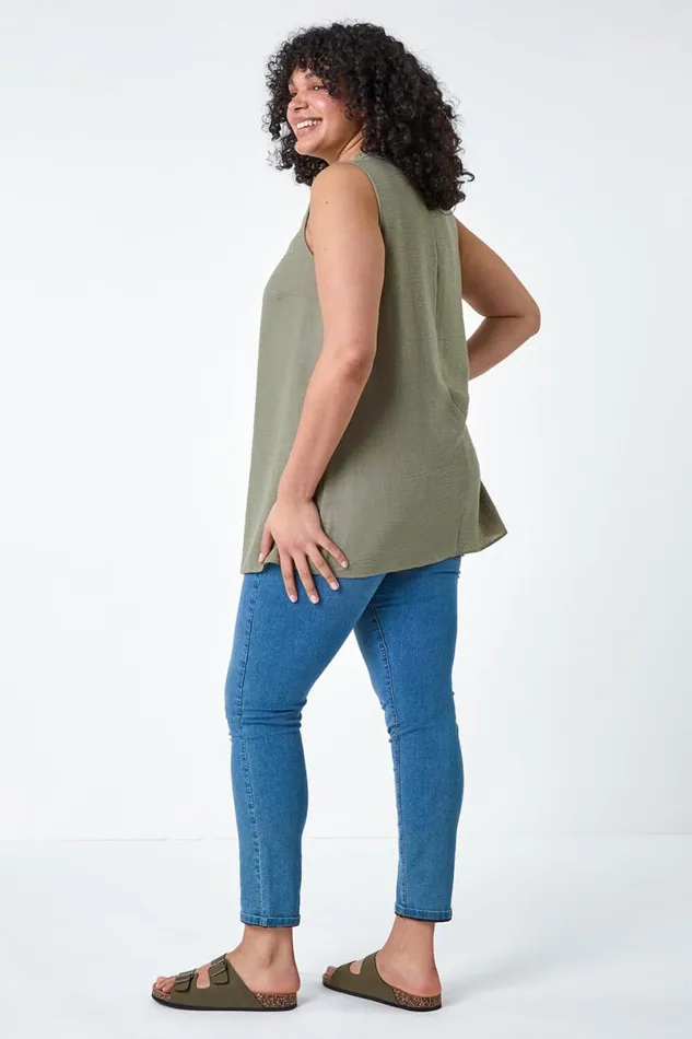 Khaki Curve Tie Neck VNeck Top Women Roman Tops