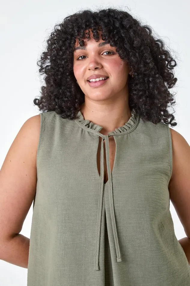 Khaki Curve Tie Neck VNeck Top Women Roman Tops