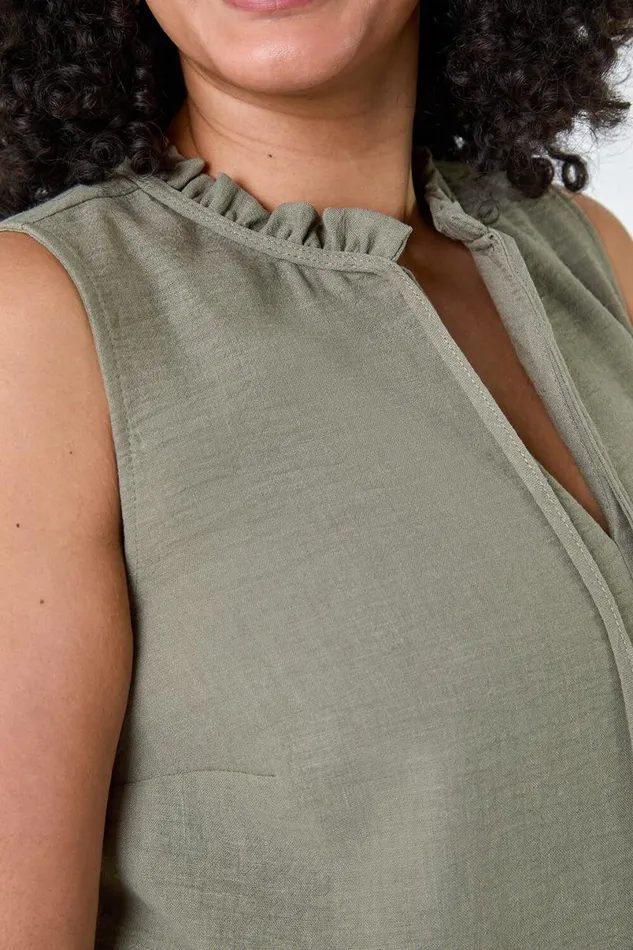 Khaki Curve Tie Neck VNeck Top Women Roman Tops