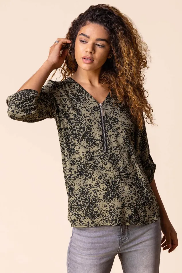 Khaki Ditsy Floral Print Zip Top Women Roman Tops