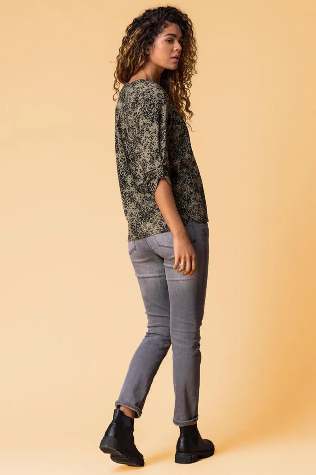 Khaki Ditsy Floral Print Zip Top Women Roman Tops