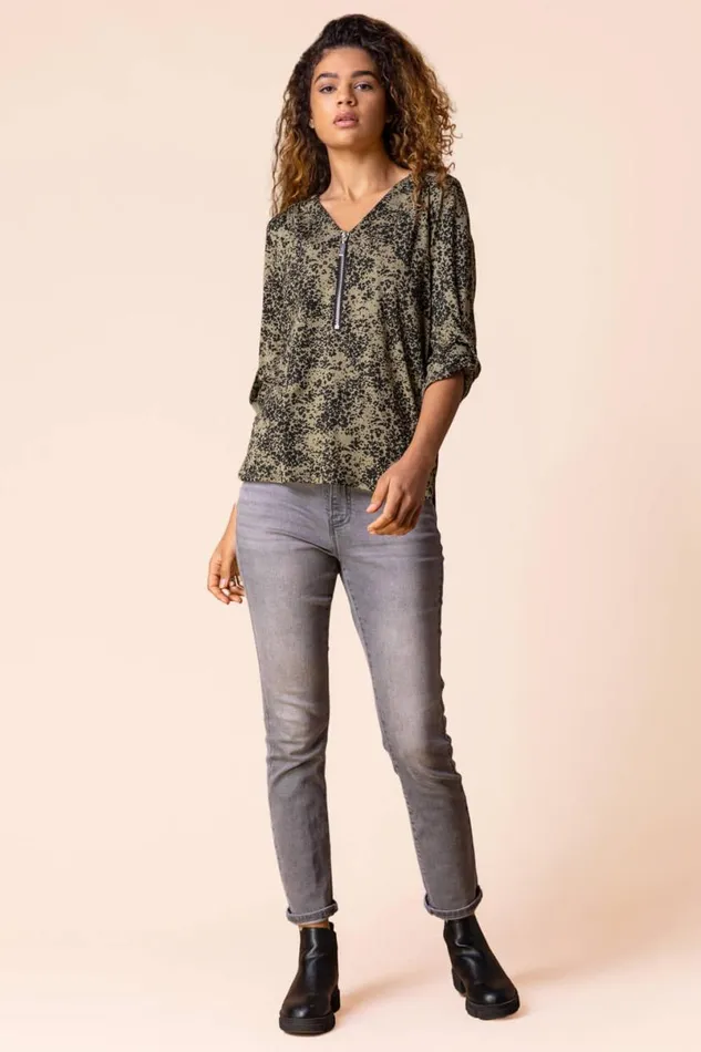 Khaki Ditsy Floral Print Zip Top Women Roman Tops
