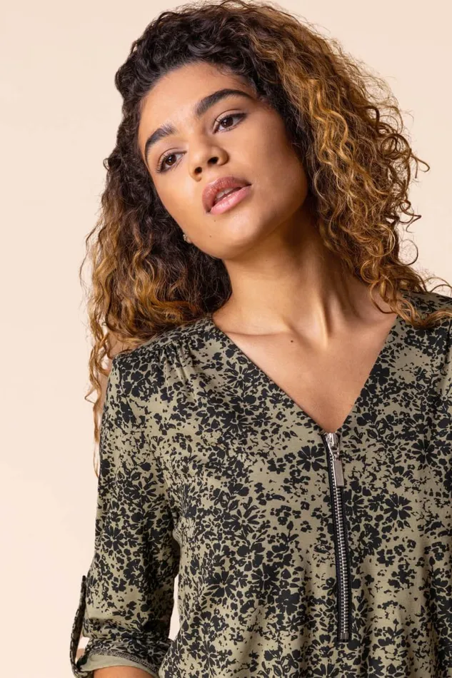 Khaki Ditsy Floral Print Zip Top Women Roman Tops