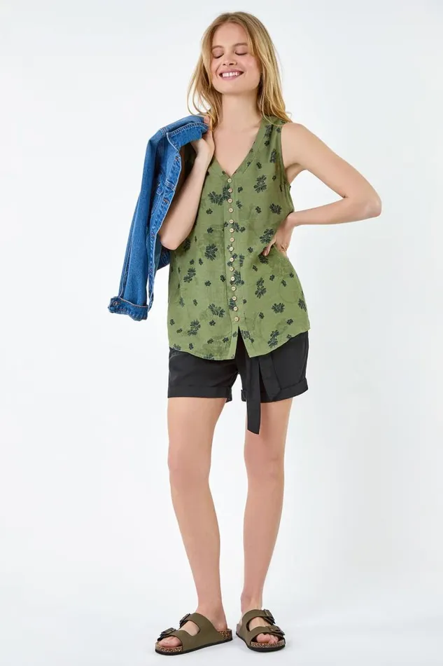 Khaki Floral Print Button Detail Vest Top Women Roman Tops