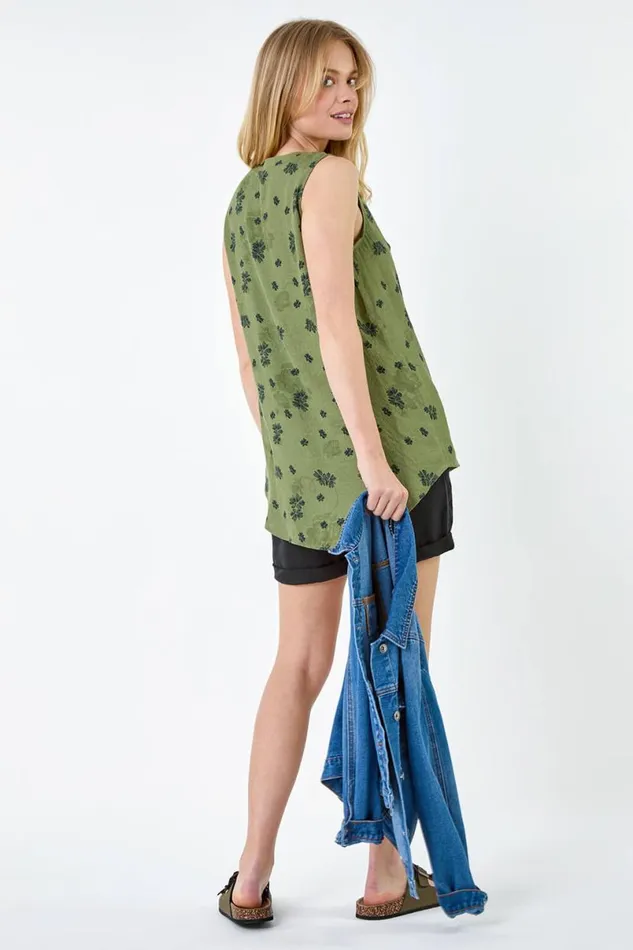 Khaki Floral Print Button Detail Vest Top Women Roman Tops