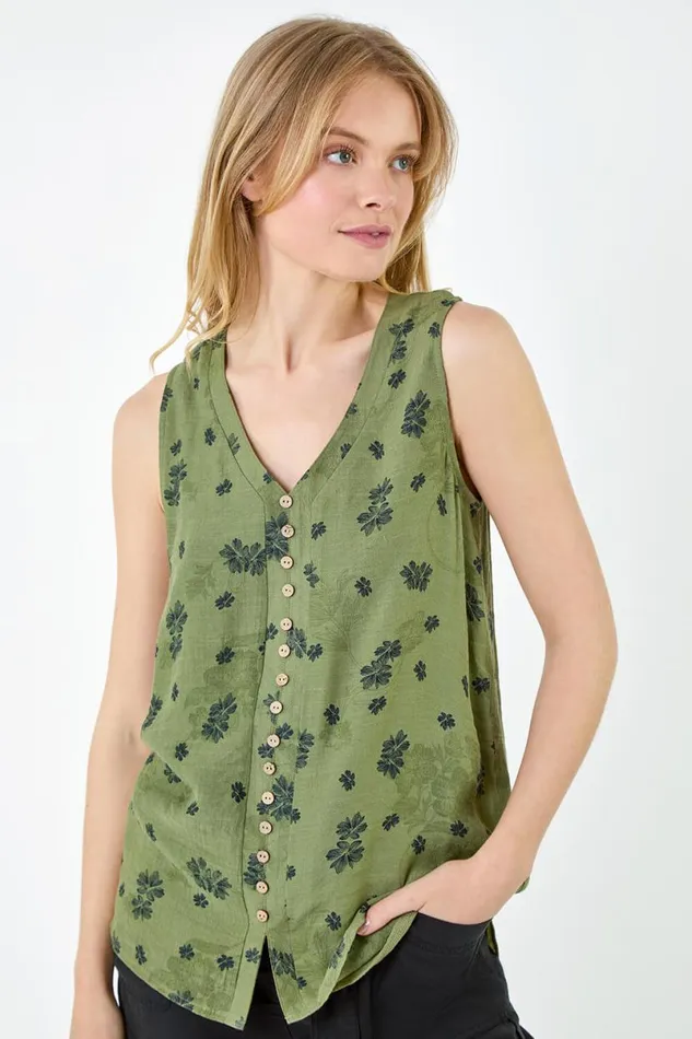 Khaki Floral Print Button Detail Vest Top Women Roman Tops