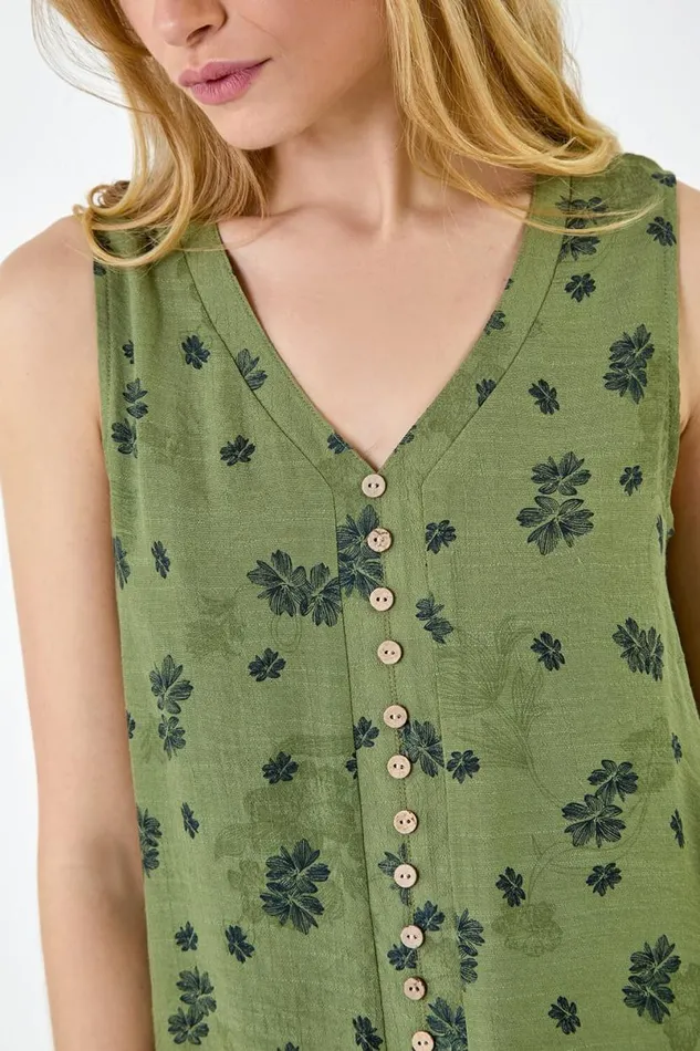 Khaki Floral Print Button Detail Vest Top Women Roman Tops