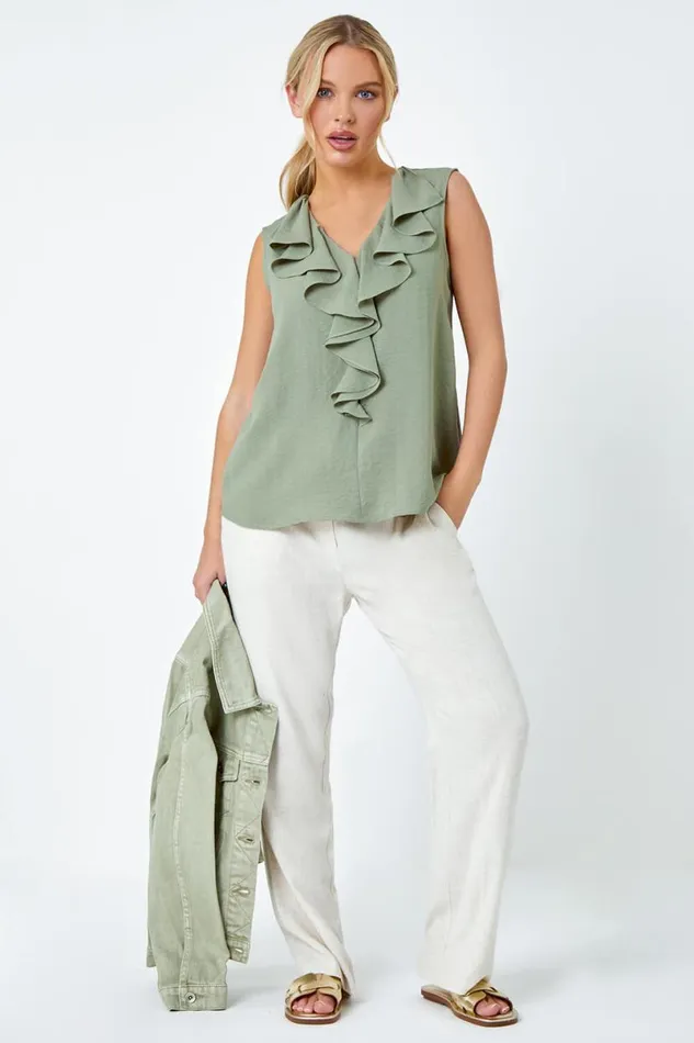 Khaki Petite Frill Front Vest Top Women Roman Tops