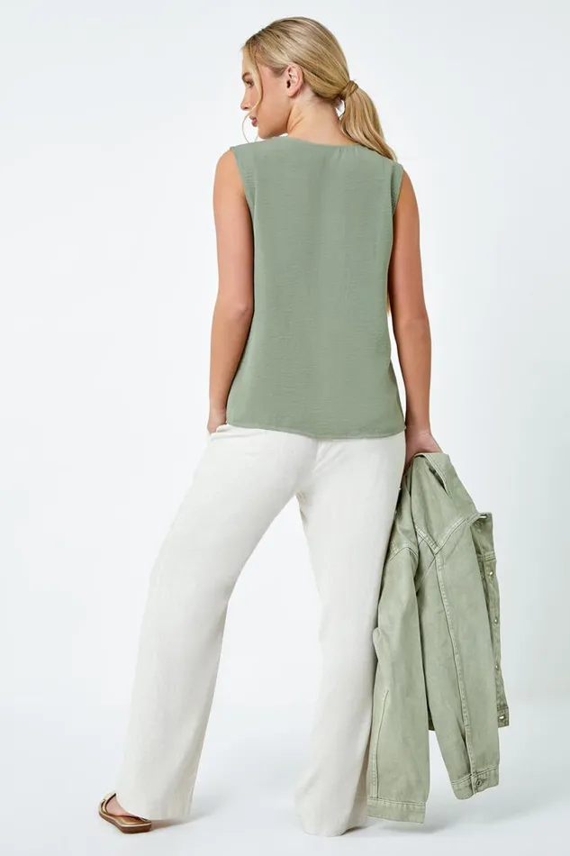 Khaki Petite Frill Front Vest Top Women Roman Tops