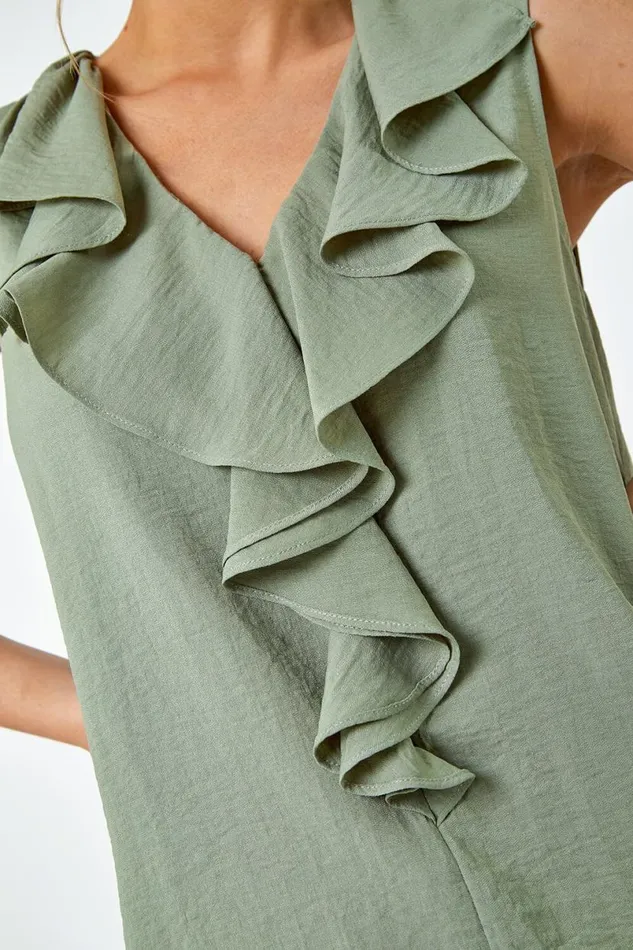 Khaki Petite Frill Front Vest Top Women Roman Tops